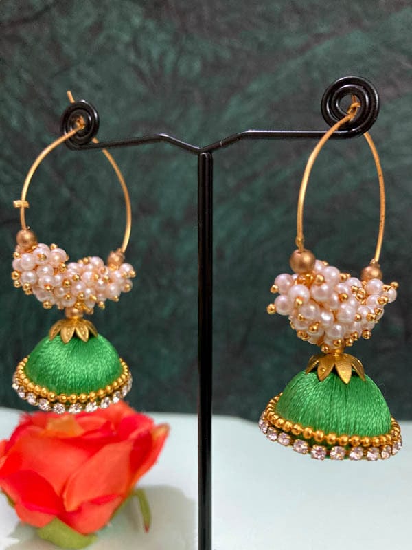 Handmade Silk Thread Beaded Jhumka-Green