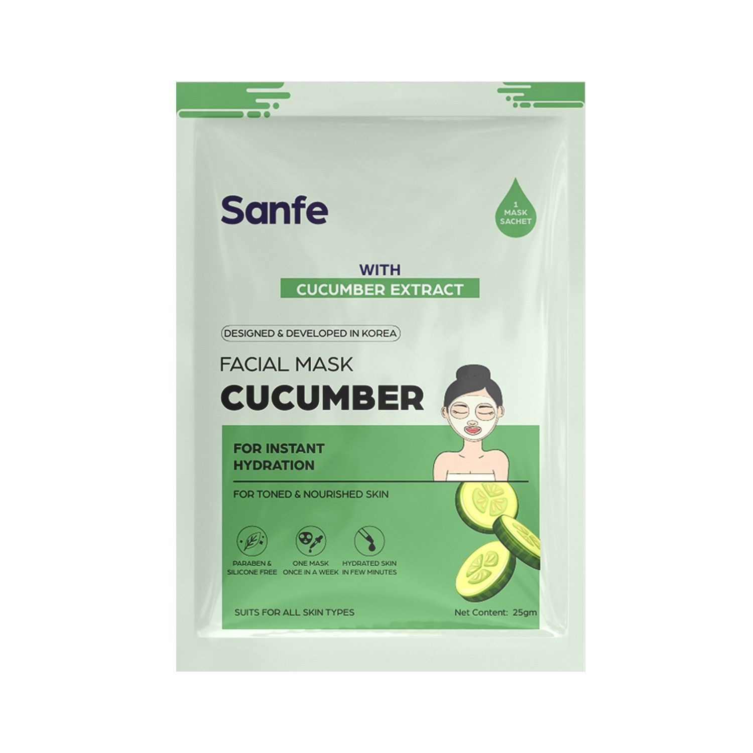 Sanfe Face Sheet Mask (Cucumber) - 25 ml, Hydrating Skin Care For All Skin Types