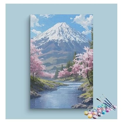 Eazy Arts Do-it-yourself painting Cherry Blossom Mountain View painting-by-numbers 40 x 60 || 24 Color || with frame