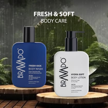BRAVADO Refreshing Body Care Set, Fresh Kick Body Wash and Hydra Soft Body Lotion | Deep Cleaning, Moisturizing, Anti-Ageing, Sun Protection, Shower Gel, Facewash, Hair Wash-Pack of 2 | 400ml