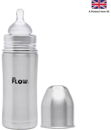 Dr.Flow Vogue Stainless Steel Baby Feeding Bottle 12oz/360 |100% Plastic free &  Non-Toxic Stainless Steel | 304 (18/8) Grade Stainless Steel | Anti Colic Silicone Teat | DF9002, Grey Color
