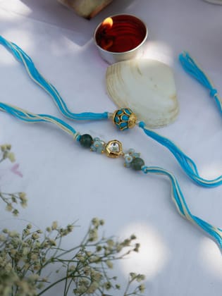 Kiaan Turquoise Kundan Rakhi Set-Turquoise