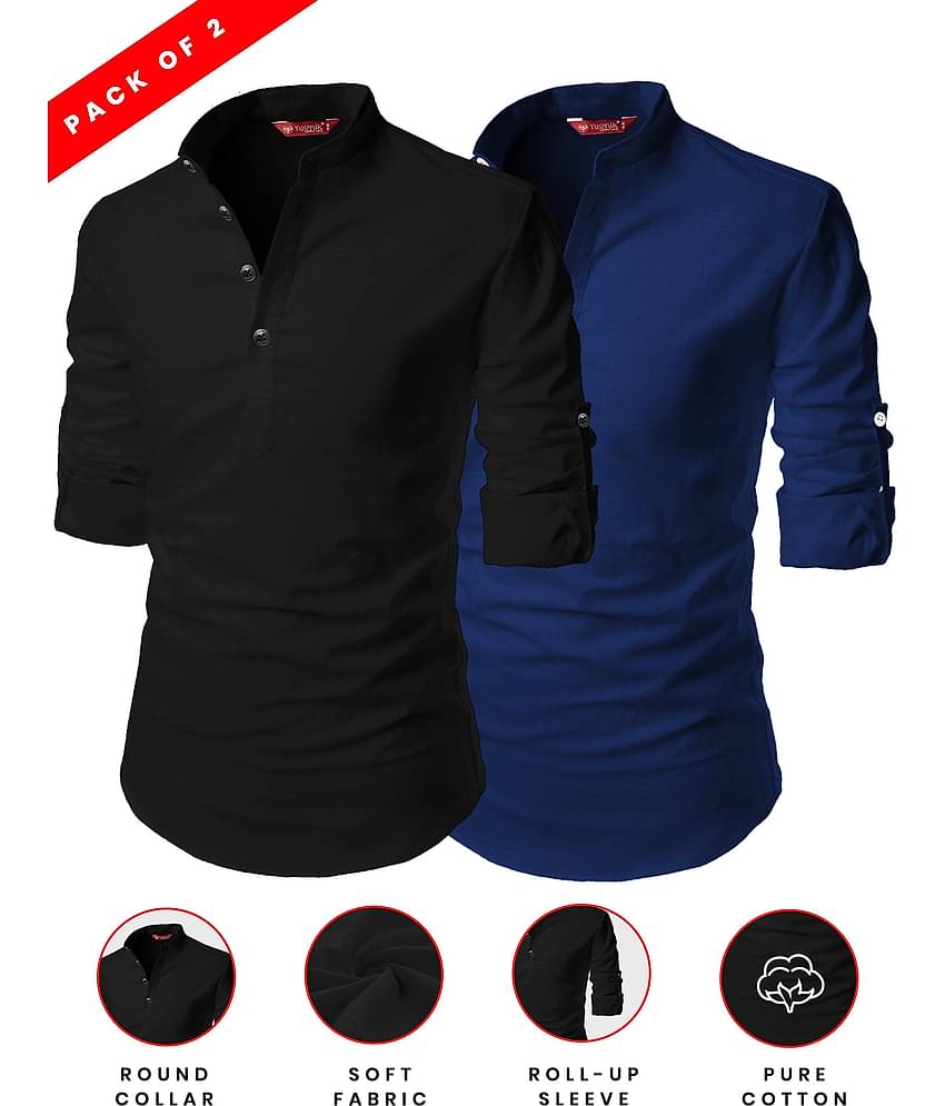 Yugnik Dark Indigo Cotton Men's Shirt Style Kurta ( Pack of 2 )