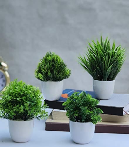 Artificial Plant with Pot, Multiple Designs, for Home, Office Decor, Gift, School Project, Art (Set of 4 Green)