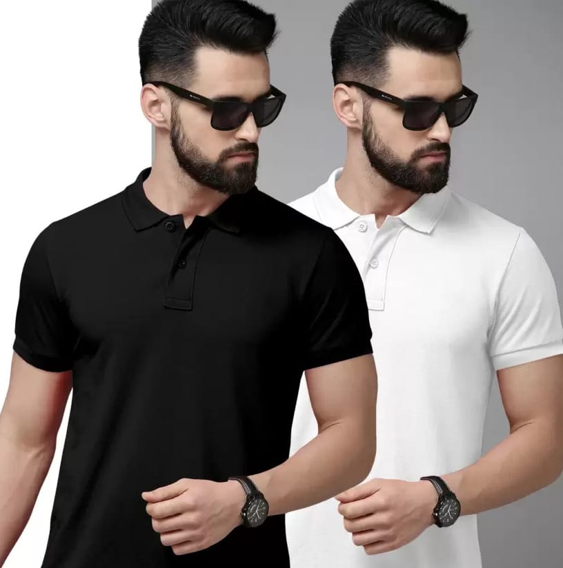 WILD MONSTER Men Solid Polo Neck Reversible Cotton Blend White T-Shirt L
