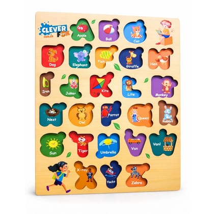 Clever Fox Funlab Wooden ABC Alphabet Puzzle Board for Kids A to Z Letter Learning Toy, Montessori Educational Wooden Puzzle for Toddlers Age 2, 3, 4 Years, Preschool Activity Board