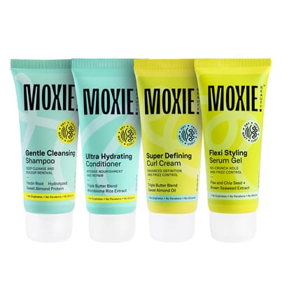 Moxie Beauty Curly Travel Routine Set | Boosts Curl Definition & Retains 96% Moisture | Gentle Cleansing Shampoo (50ml), Ultra Hydrating Conditioner (50ml), Flexi Styling Serum Gel (50ml) & Super Defining Curl Cream (50ml) Moxie Beauty Curly Travel Routi