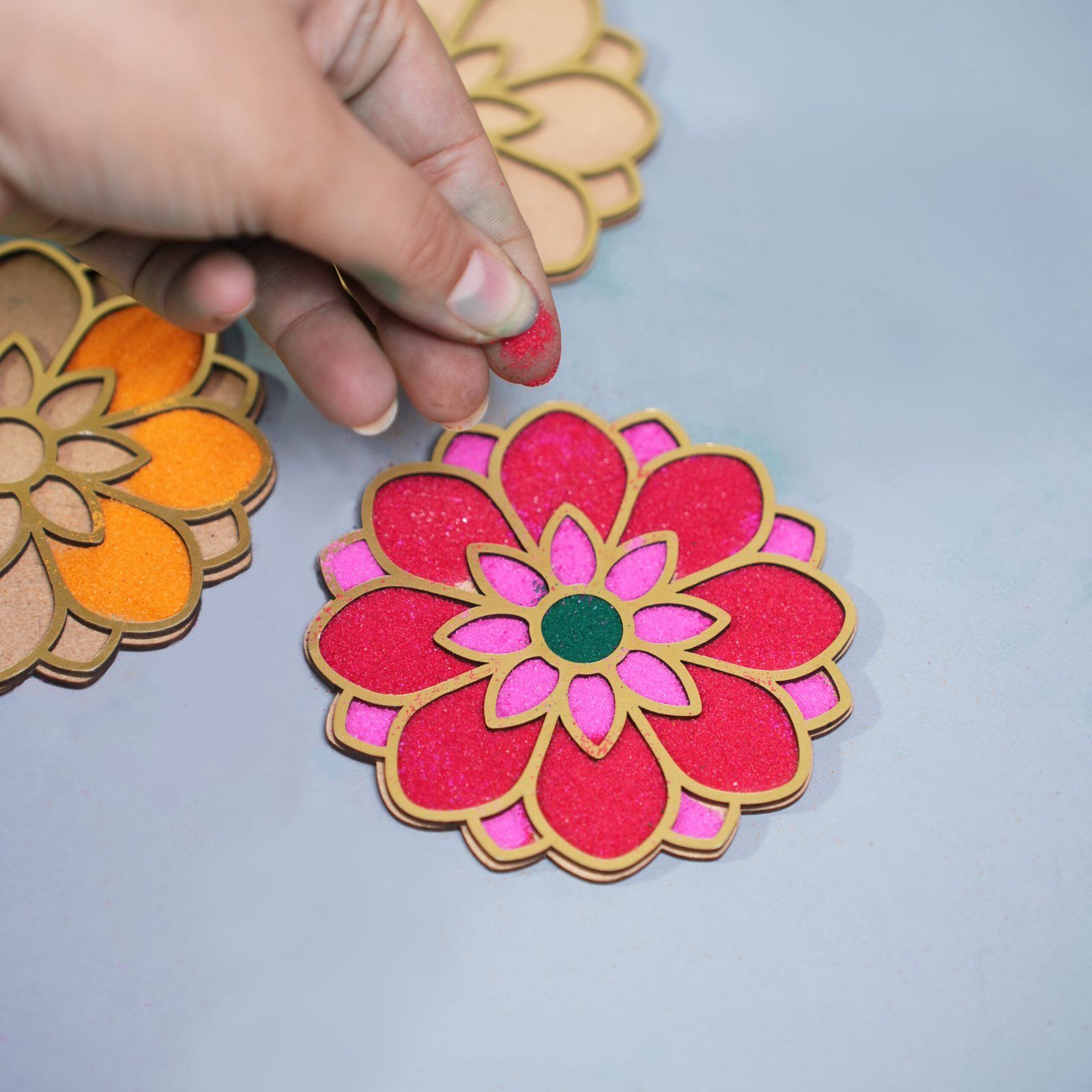 The Mohraj Premium Round DIY Diwali Rangoli Kit with 3 Stencils and 4 Festive Colors