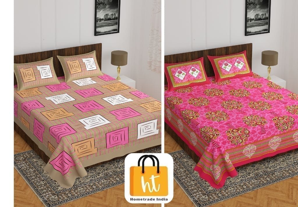 3001-Hometrade India-Standard King Size (90*108 Inches)-Buy Pure Cotton Jaipuri Printed Flat King Size Double Bedsheet With 2 Matching Pillow Cover