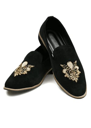 Black Rich Velvet Hand Embroidery Shoes-Black