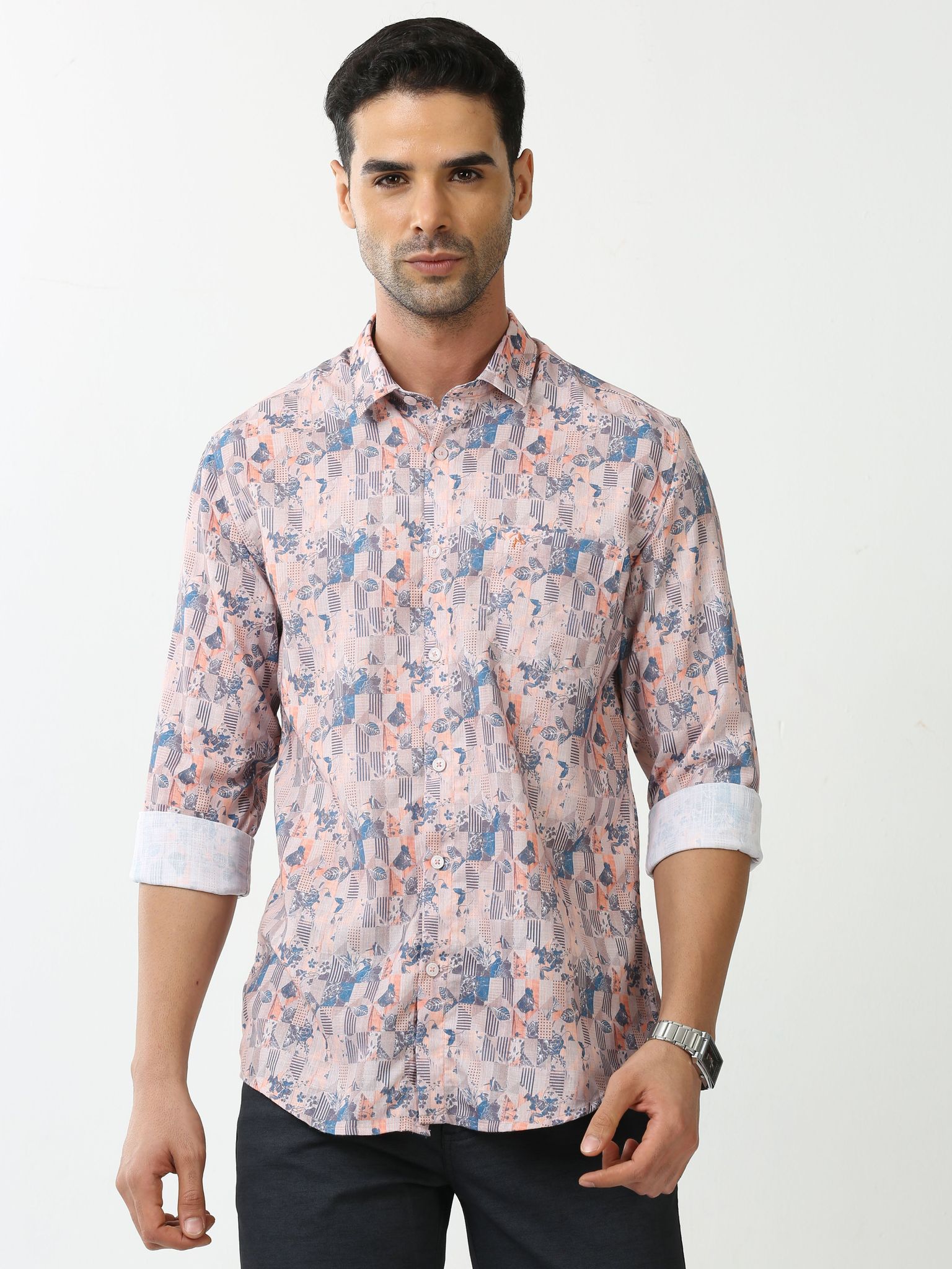 Classic Polo Mens Cotton Full Sleeve Printed Slim Fit Polo Neck Peach Color Casual Shirt | SBO2-97 A-FS-PRT-BSL