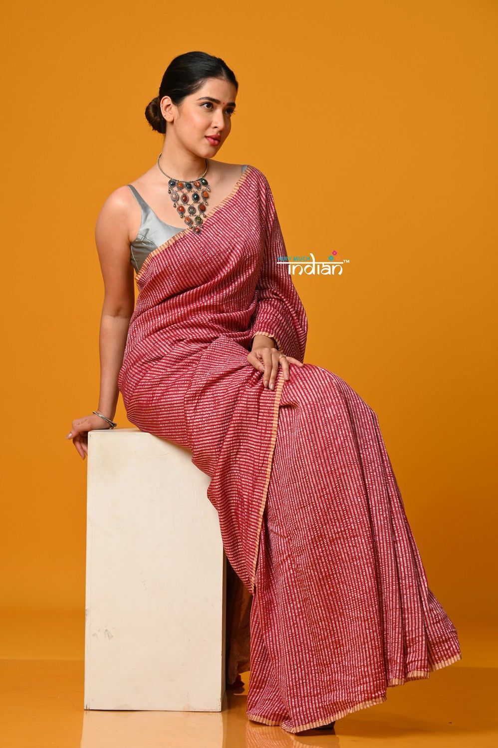 Param Sundari ~ Golden Earth ~ Munga Silk Saree in Deep Red with Subtle Stripes