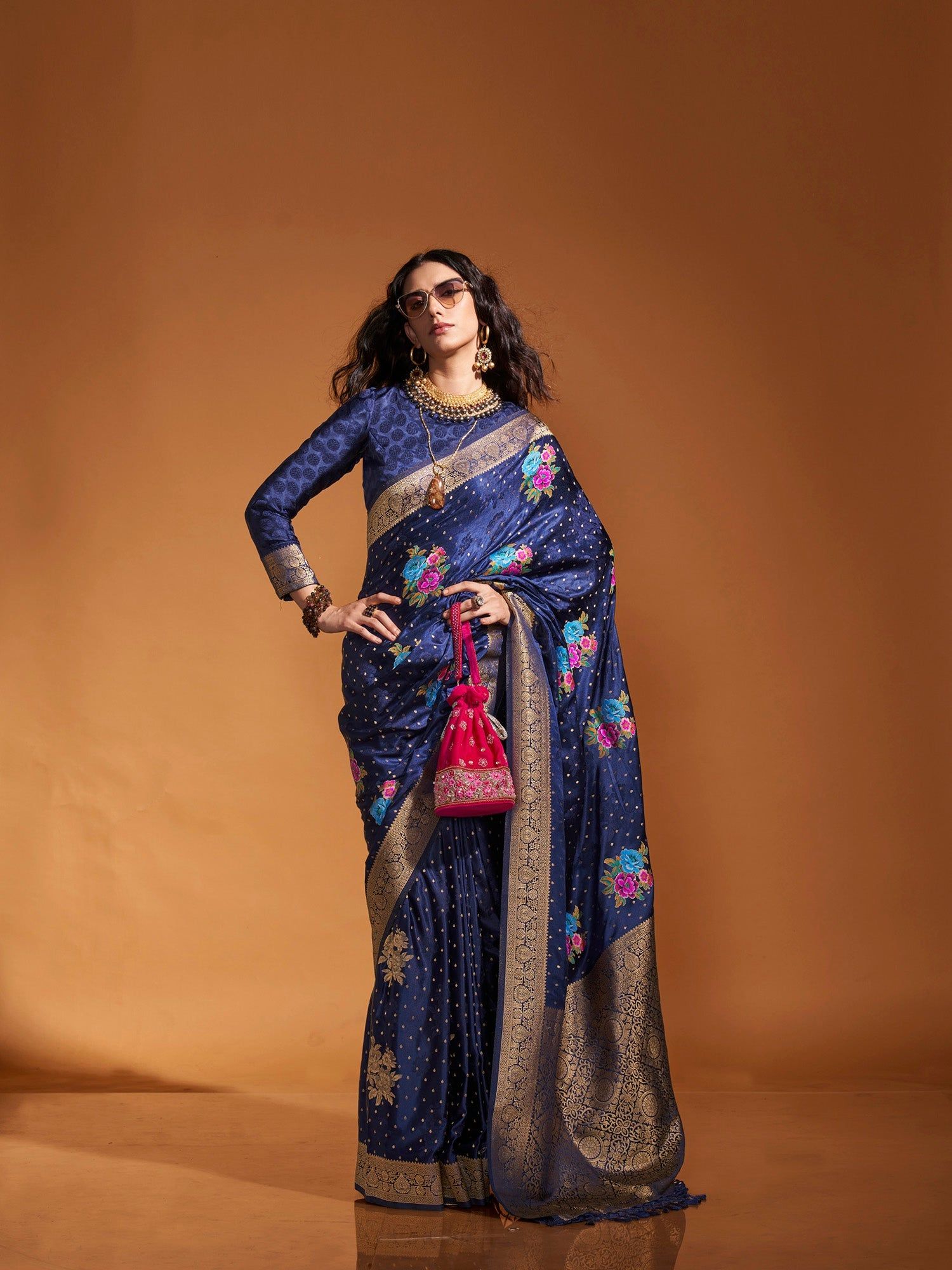 Blue Pure Satin Floral Designed Weaving Silk Saree