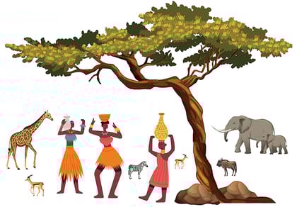 DreamKraft African Jungle Artistic Tribal Ladies with Animal Nature Story PVC Vinly Wall Stickers (Multicolor, 90 cm X 100 cm)