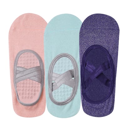 Pilates Set Of 3 Socks For Women -  Anti-Skid Technology - Light Pink, Purple, Mint Green
