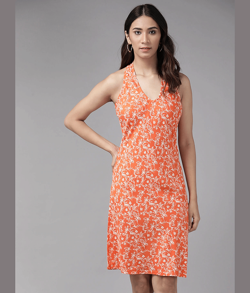 Yash Gallery Women Rayon Printed A-line Dress ( Orange )