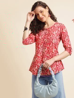 Red Floral Printed Cotton Blend Top-XS