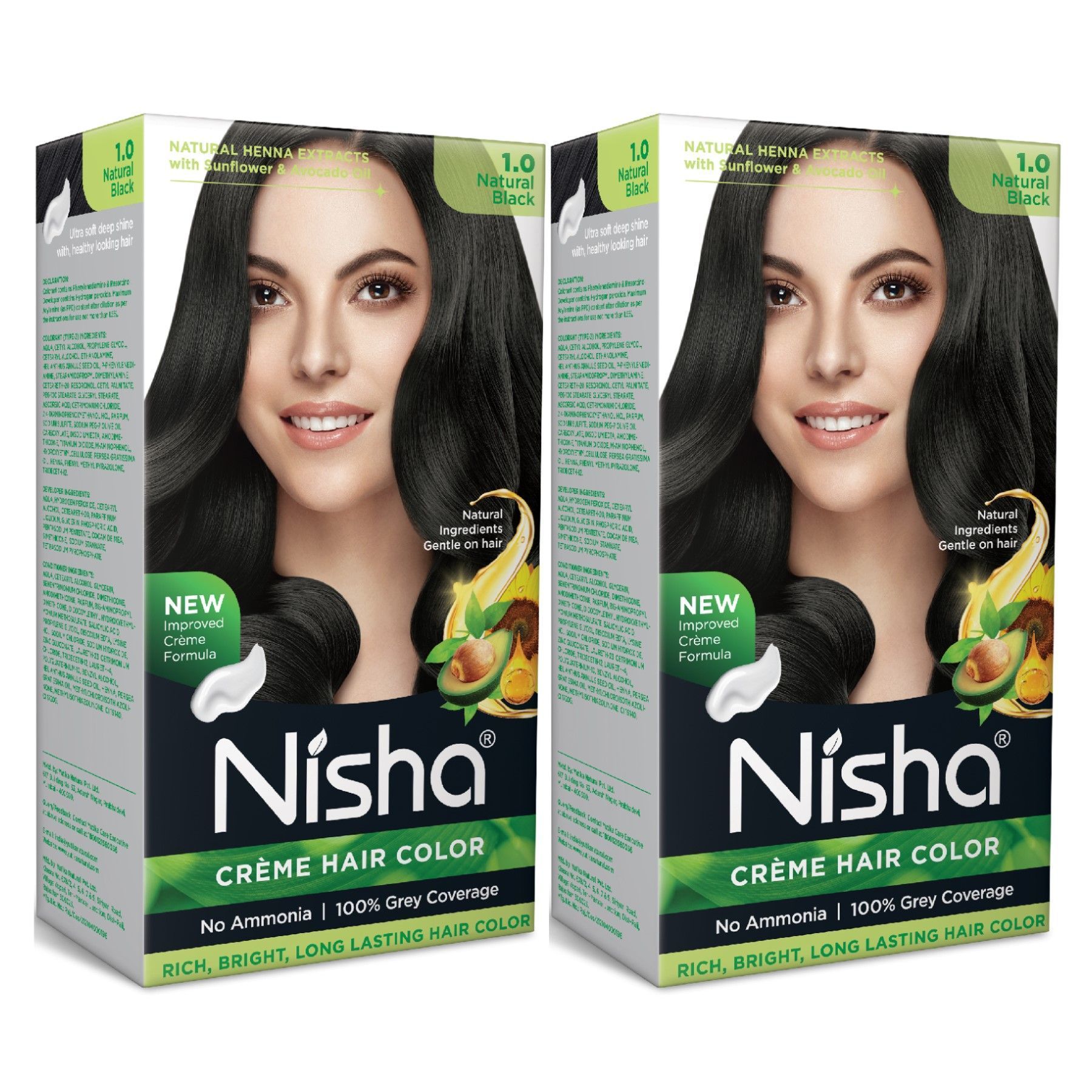 Nisha Creme Hair Color Natural Black 60g Pack of 2, Permanent Hair Colour, No Ammonia, 100% Grey Coverage