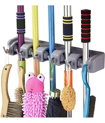 KP Mart ABS Plastic Multipurpose Wall Mounted Magic Holder 5 Slot Broom Holder and Mop Organizer Storage 5 Position 6 Hooks for Kitchen Garden(Multicolor)