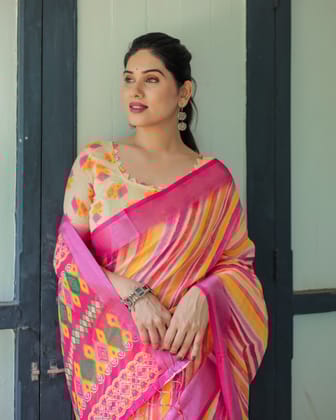 Vibrant Yellow and Pink Ikat Printed Cotton Linen Saree with Blouse and Tassels-Regular