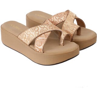 Lazera Gold Wedge Heel Sandals for Women Brocade Toe Loop Platform Style