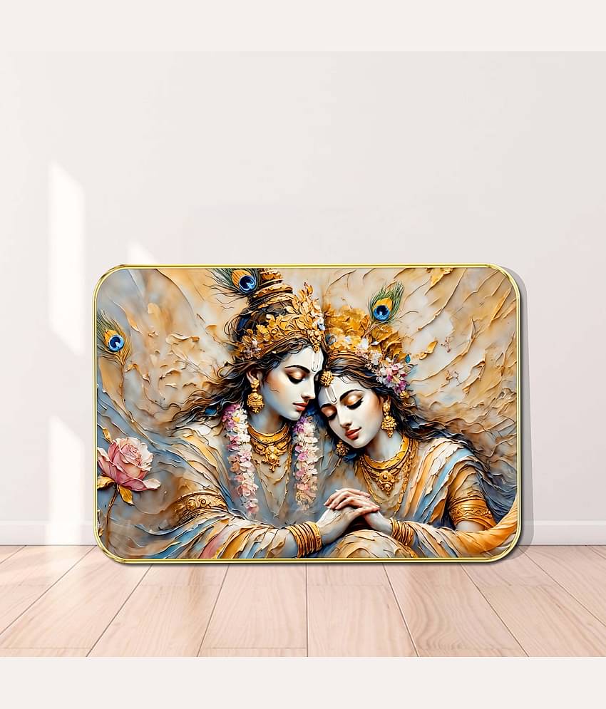Radha Krishna Wall Art | Divine Romantic Spiritual Painting with 3D Textured Effect & Peacock Feathers | HD Print on Premium MDF | Framed Decorative Artwork for Living Room, Pooja Room