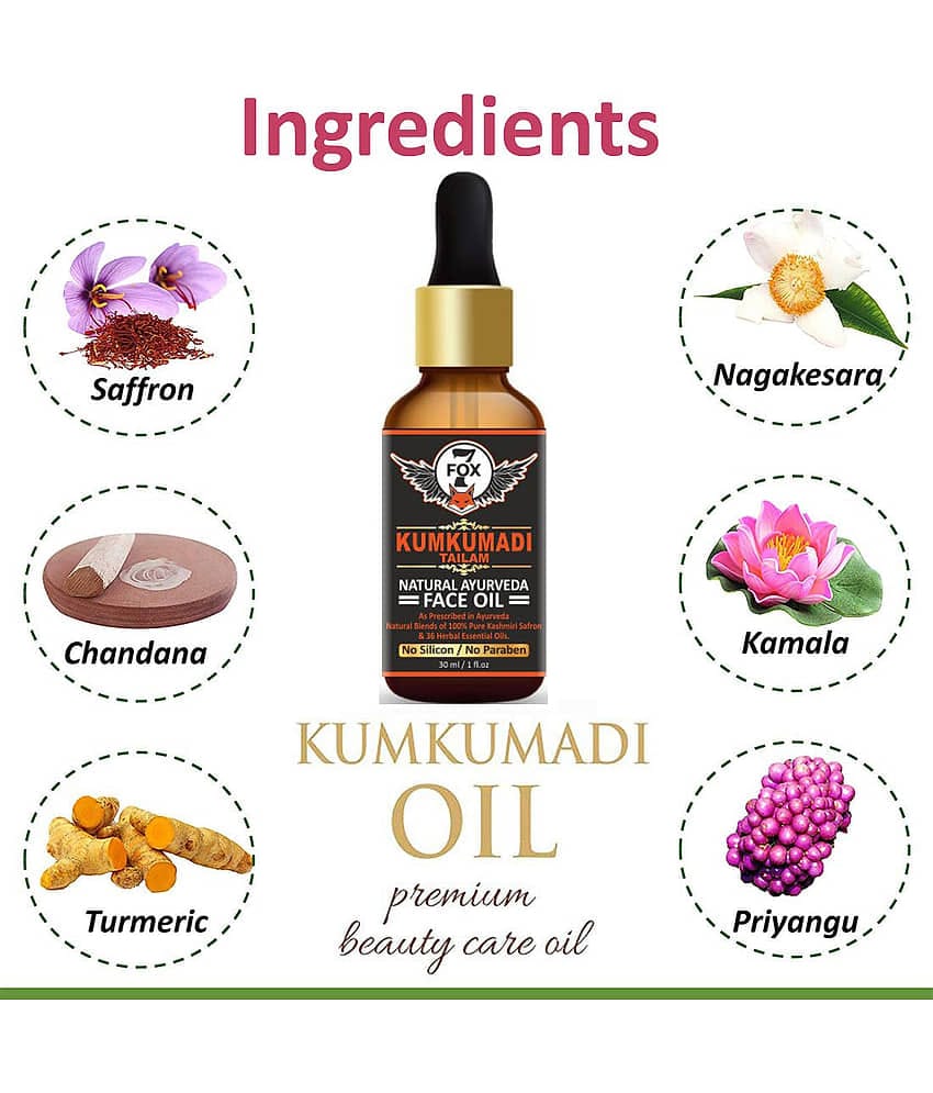 7 FOX Ayurvedic Kumkumadi Face Oil For Skin Brightening Face Serum SPF 2 30 mL