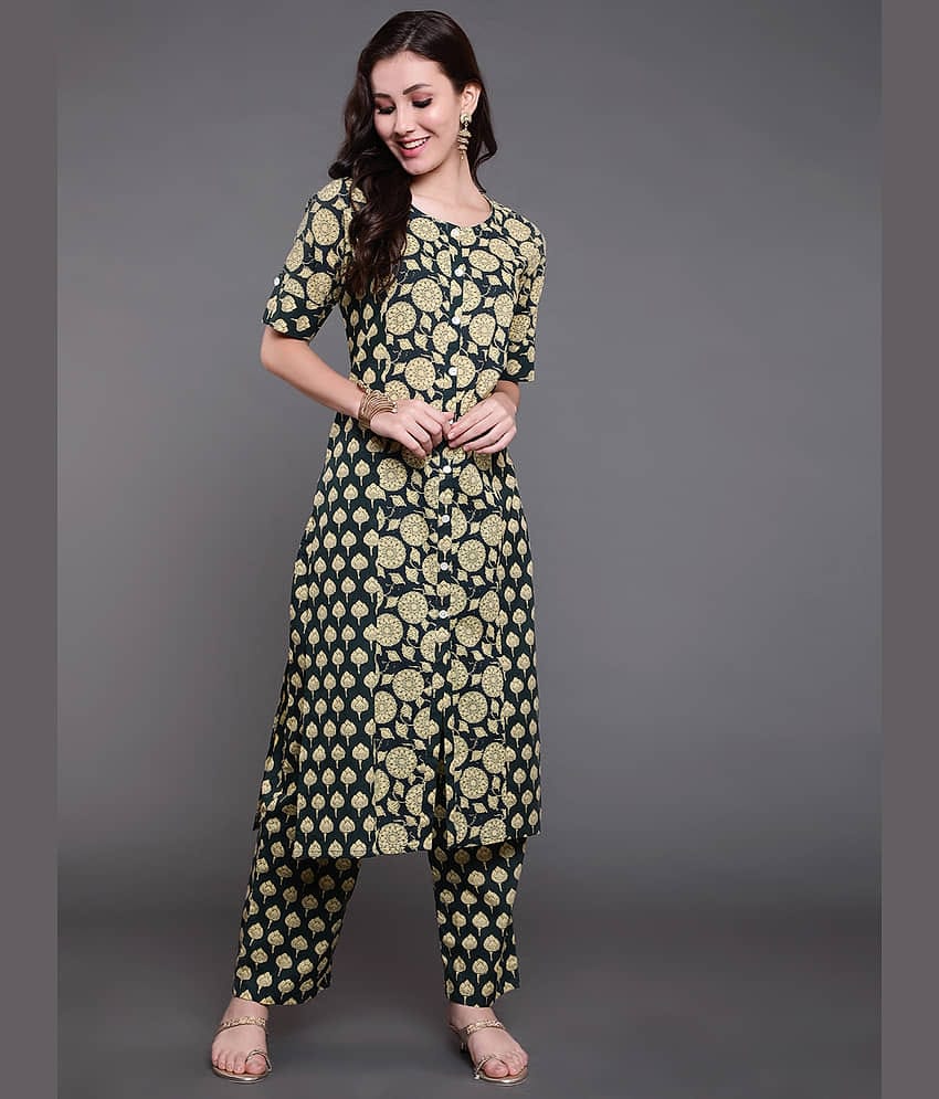 Antaran Cotton Printed Kurti With Palazzo Women's Stitched Salwar Suit - Green ( Pack of 1 )