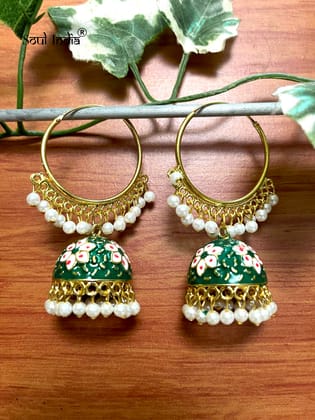 Meenakari Beaded Loop Jhumka Earrings - Green