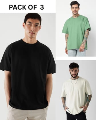 Pack of 3 Plain tees> (Green,Off-white, Black) Pack of 3 Plain tees> (Green,Off-white, Black)