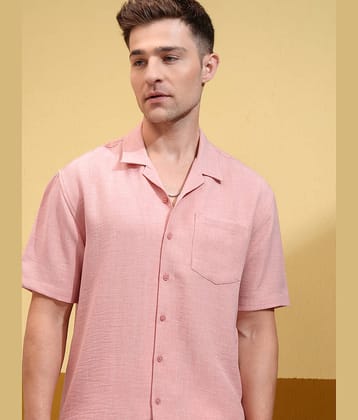 Locomotive Polyester Oversized Fit Self Design Half Sleeves Cuban Collar Men's Casual Shirt - Peach ( Pack of 1 )
