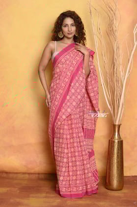 Mastaani ~ Pure Cotton - Natural Dyes Handblock Printed Saree - Pink