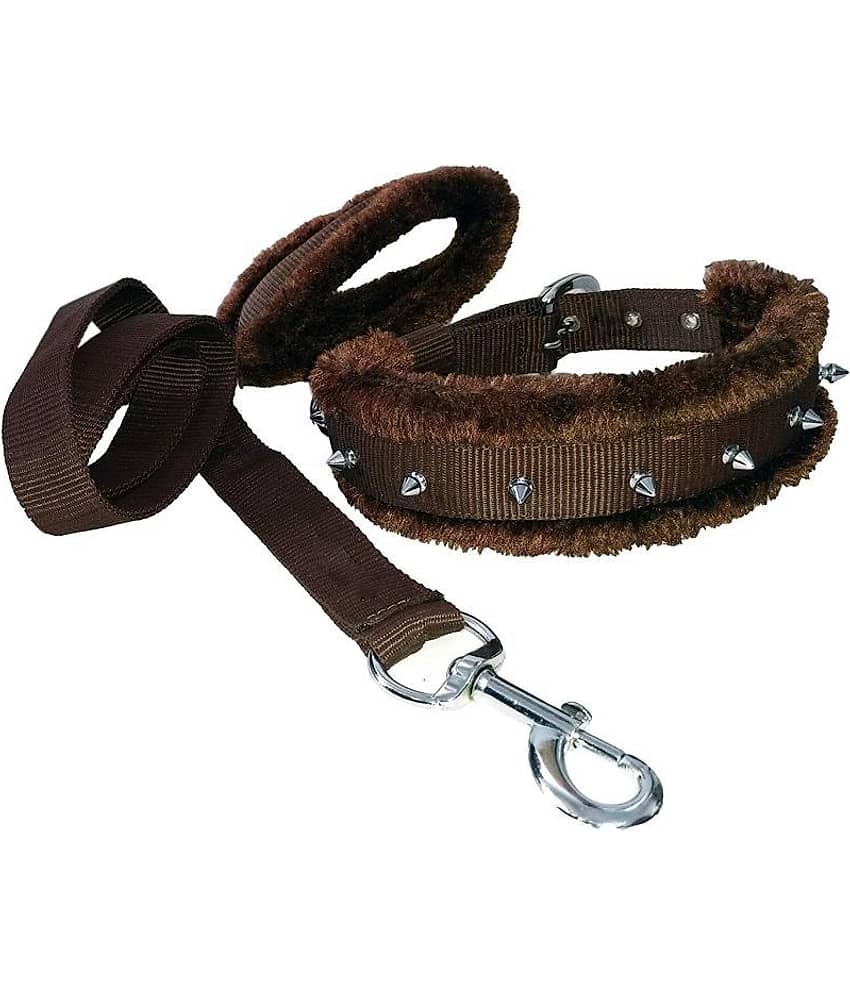 Petshop7 Premium Qualtiy Fur Padded Nylon Spiked Collar & Leash 1.25 inch - Large (Neck Adjustable Chest Size - 17- 21inch)-Brown