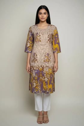 Pedana Kalamkari Cotton Kurti in Khaki Yellow with Animal Motifs