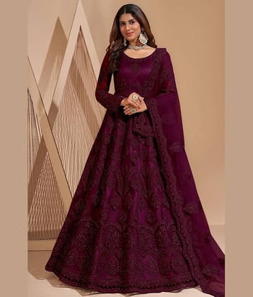 A TO Z CART Purple Flared Net Women's Semi Stitched Ethnic Gown ( Pack of 1 )