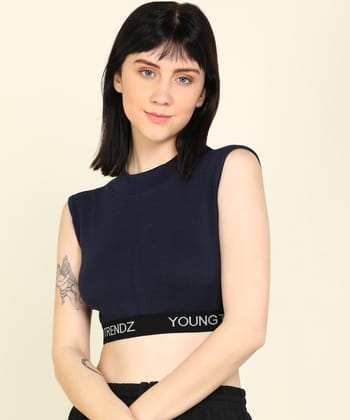 Womens  SleeveLess Elastic Crop Rib Navy Top-S / Navy