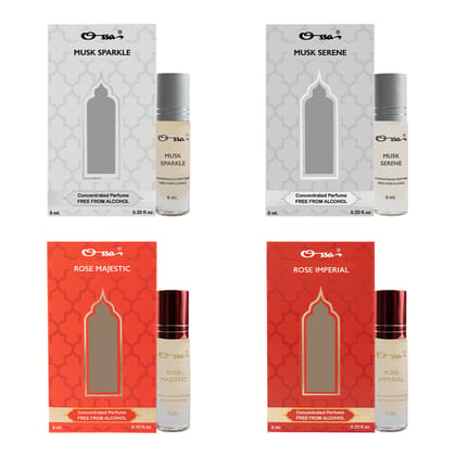 OSSA MUSK SERENE & SPARKLE, ROSE MAJESTIC & IMPERIAL CONCENTRATED PERFUMES (PACK OF 4)