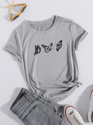 Womens Round Neck Printed Grey T.shirts-XS