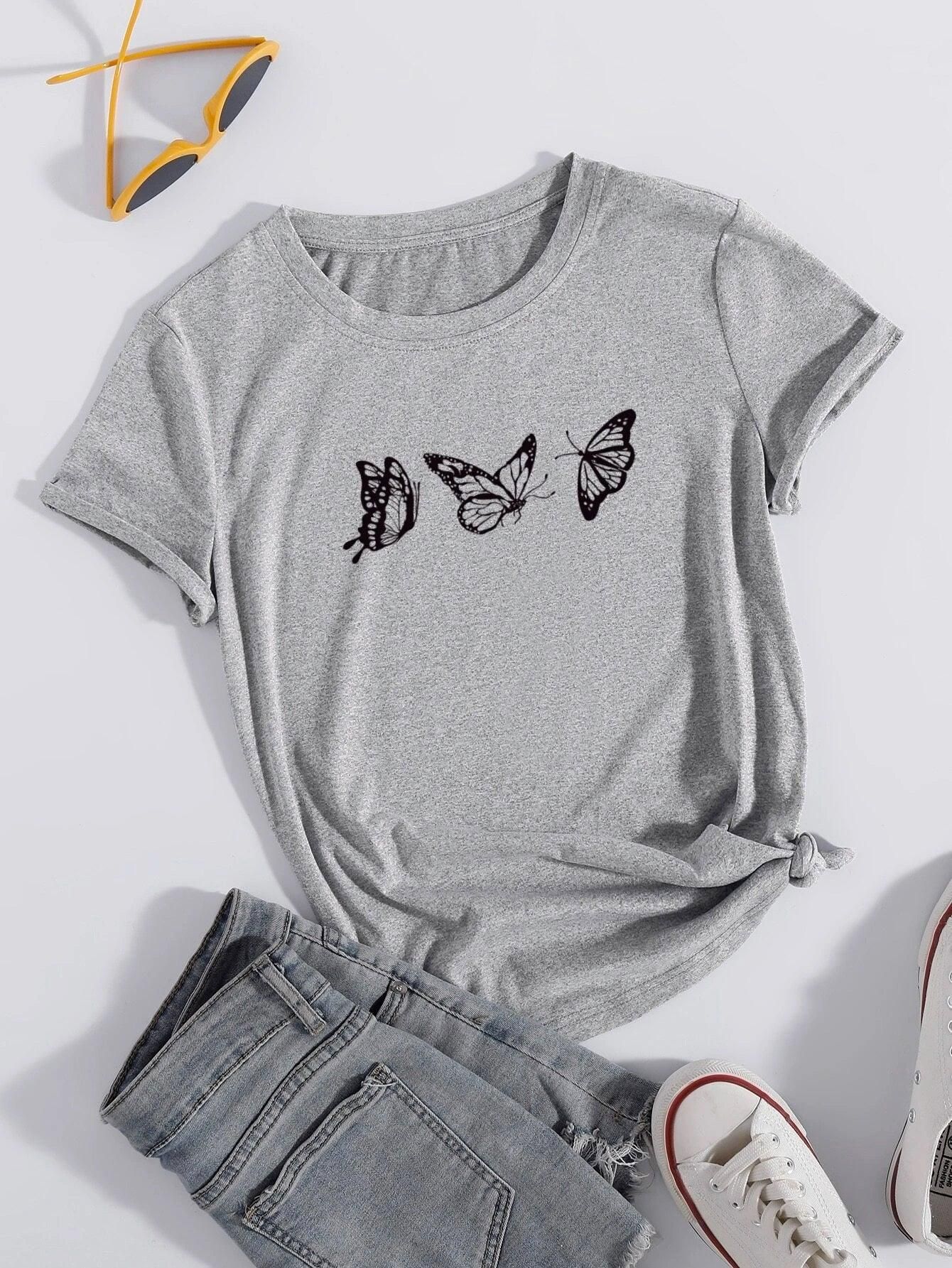 Womens Round Neck Printed Grey T.shirts-XS