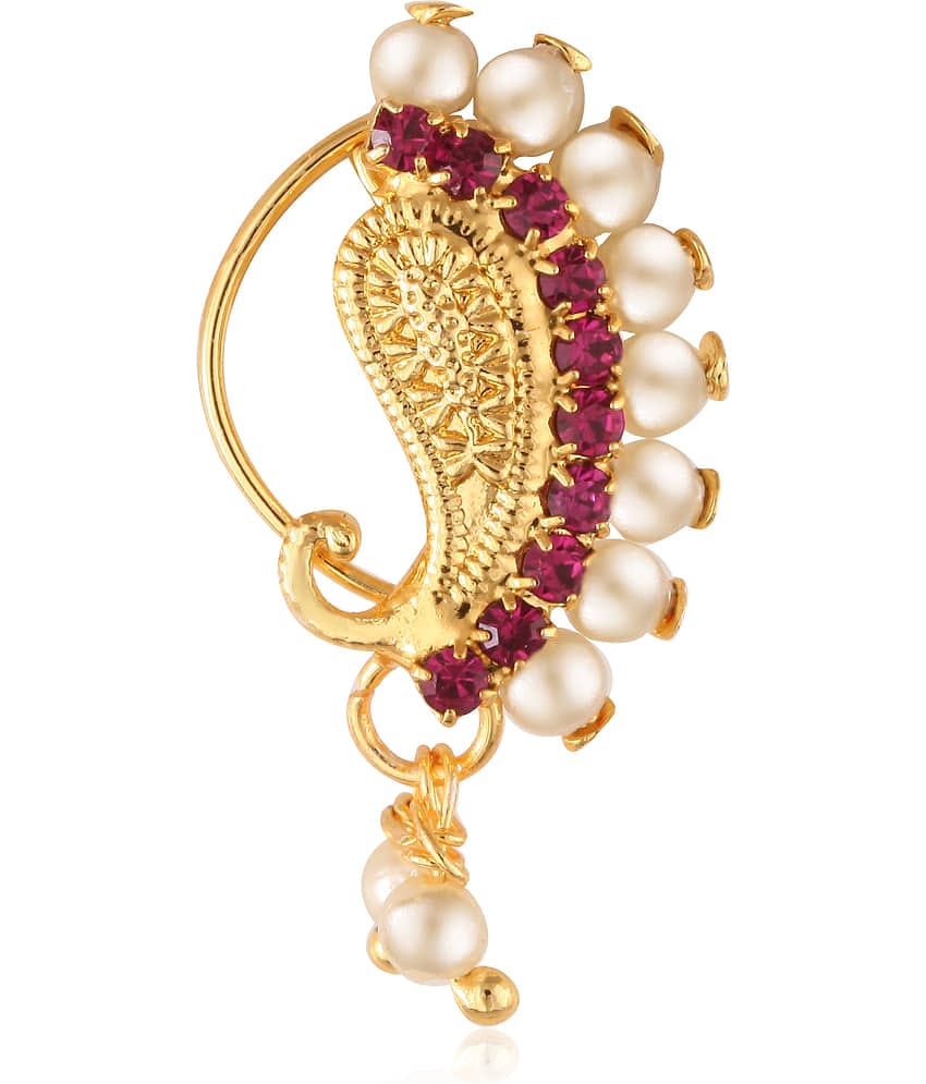 Vighnaharta Gold Plated with Peals Alloy and CZ stone Non Piercing Maharashtrian Nath Nathiya./ Nose Pin for women  [VFJ1079NTH-Press-Red ]