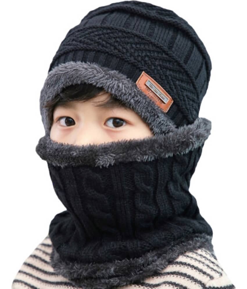 INFISPACE Baby's Boy's Warm Beanie Cap & Neck Scarf Set | Kids/Boys/Girls/Unisex Winter Woolen Warm Beanie Cap with Neck Warmer Black Color| Size- 6-12 Months