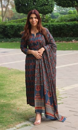 Cotton Block Print Royal Blue Suit Set with Cotton Printed Dupatta-XS