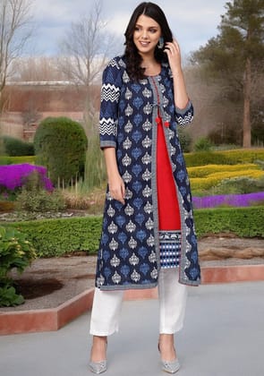 Blue Cotton & Rayon A-line Kurti-XS