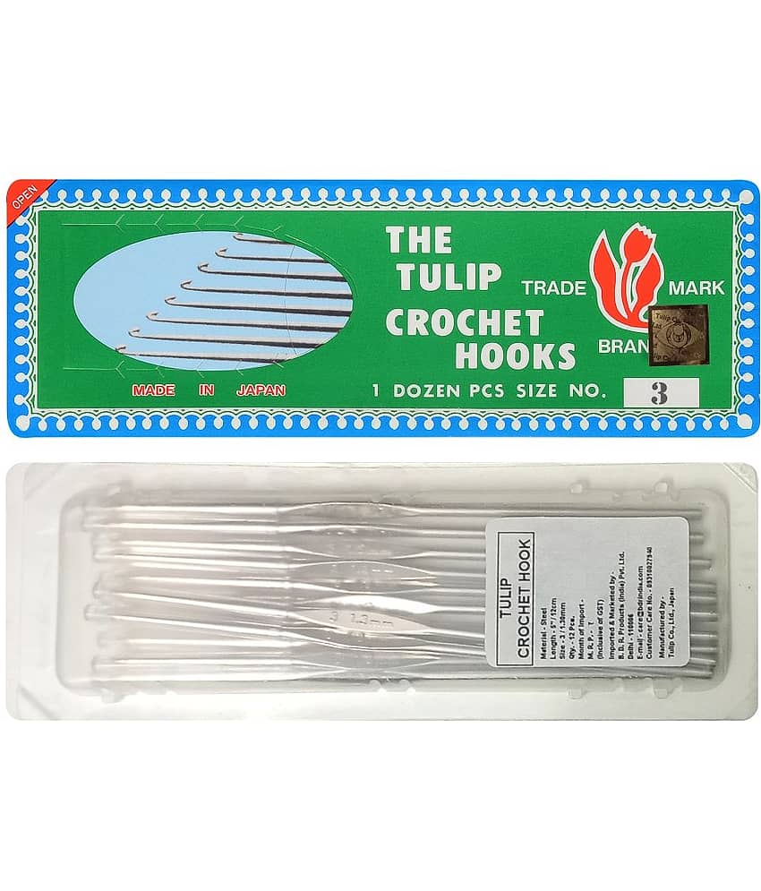 Tulip Crochet Hook (Made in Japan) for Thread Work with Gold Point and Plastic Cap, Woolen DIY Craft Knitting Needle Weave Yarn, Ideal for Sweaters, Scarves, (Silver, 5"/12cm of Size 3) - Pack of 1