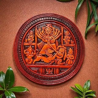 Maa Durga Wall Hanging Terracotta Idol Murti | Sherawali Devi MATA Hand-Painted Spiritual Wall Hanging Art Decor for Home Temple, Mandir, Living & Office Decor | Spiritual Gifts (17x17 CM)