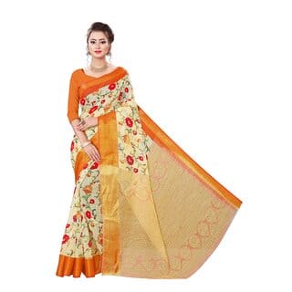 Yellow Colour Flower Printed Cotton Saree With Blouse Piece