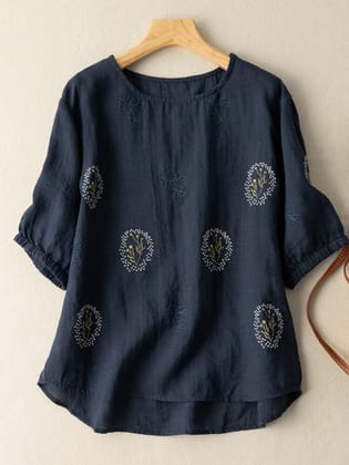 Blue long top-tunic with embroidery work for women-S