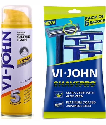 VI-JOHN Lemon Shaving foam 200ml & ShavePro Twin Blade Disposable Razor 5 PCS -Pack of 2