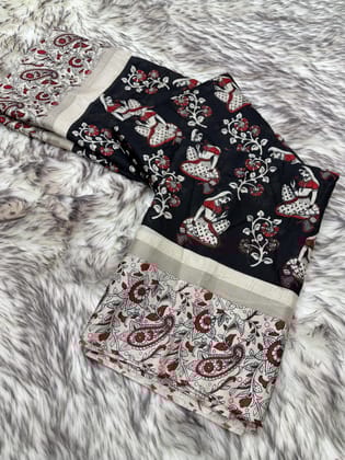New Function Wear Black Color Cotton Silk Kalamkari Print Fancy Designer Saree Design