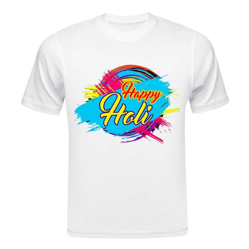 TERA MERA GIFT, Holi Printed T-Shirt, Happy Holi Festival T-Shirt, White Polyester, Reguler Fit, Round Neck, Short Sleeve, Unisex H123